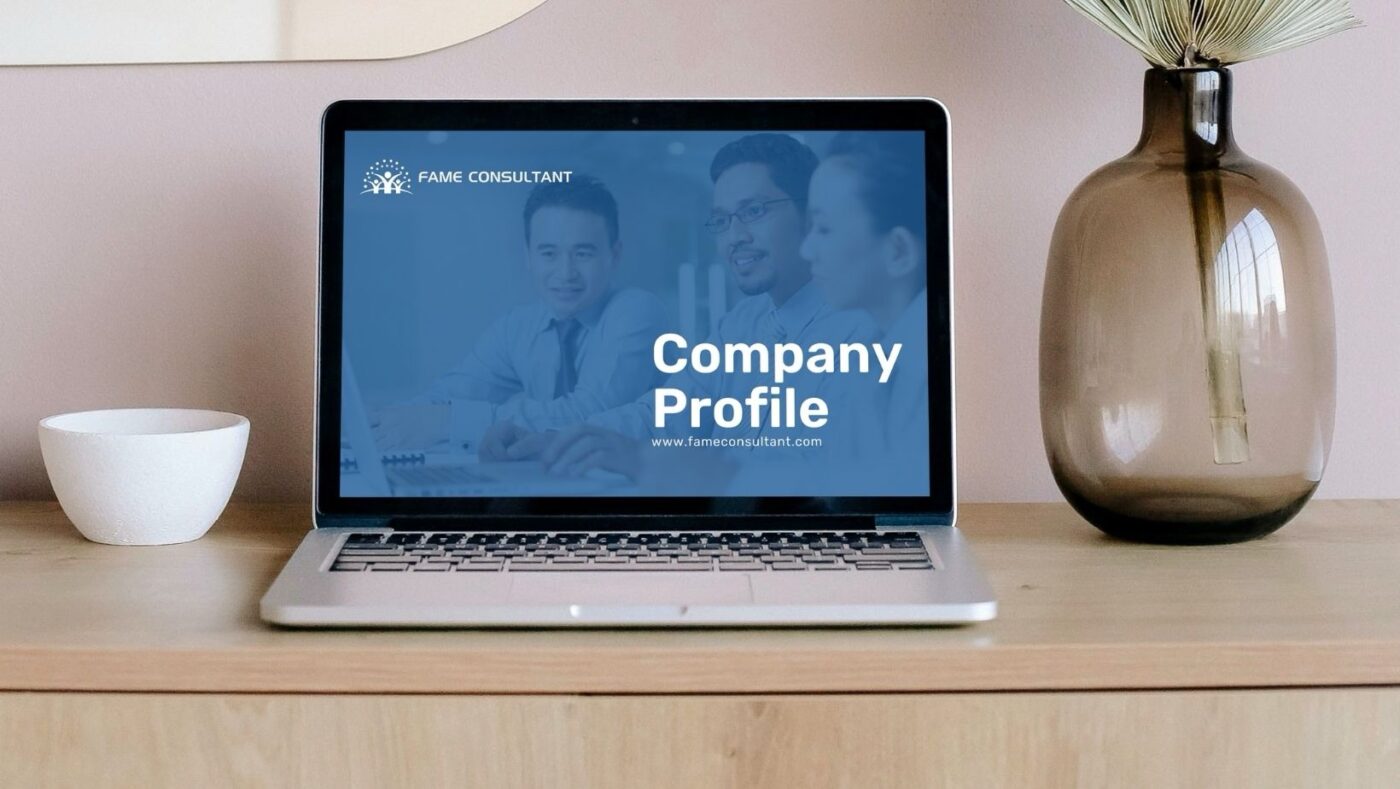 Company profile FAME Consultant di layar laptop